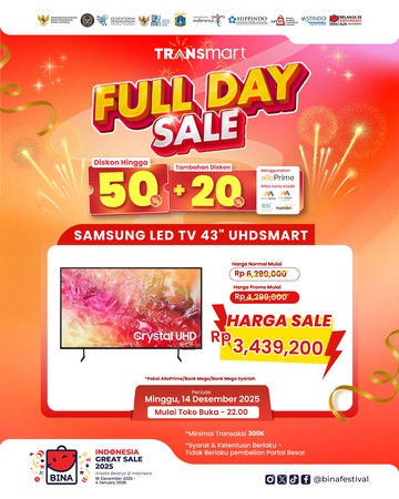 Samsung LED Smart TV 43” dijual mulai Rp 4,3 juta, bahkan Rp 3,4 juta dengan kartu kredit Bank Mega atau metode pembayaran khusus.