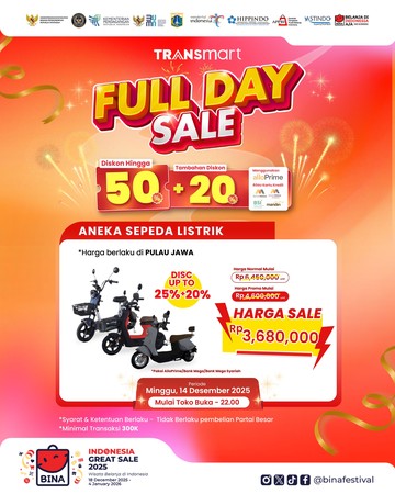 Selama Transmart Full Day Sale pada 14 Desember 2025, sepeda listrik ditawarkan dengan potongan harga besar hingga 70%, khususnya bagi pengguna Allo Prime, Allo PayLater, dan pemegang kartu kredit Bank Mega atau Bank Mega Syariah.